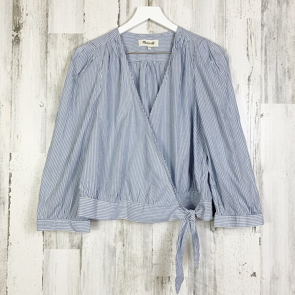 Madewell Indigo Stripe 3/4 Sleeve Cotton Knotted Front Wrap Top Size XL